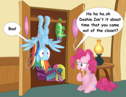 Size: 6600x5100 | Tagged: safe, artist:everesco, gummy, pinkie pie, rainbow dash, earth pony, pegasus, pony, 28 pranks later, g4, my little pony: friendship is magic, absurd resolution, boo, closet, dialogue, duo, duo female, female, hanging, mare, pun