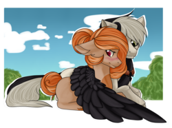 Size: 2781x2071 | Tagged: safe, artist:ognevitsa, oc, oc only, earth pony, pegasus, pony, high res, hug, male, straight, winghug