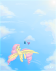 Size: 1024x1295 | Tagged: safe, artist:felcia, fluttershy, butterfly, g4, female, flying, looking at something, sky, solo, spread wings