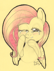 Size: 800x1045 | Tagged: safe, artist:melindaington, fluttershy, g4, bust, crying, female, looking at you, portrait, simple background, smiling, solo, tears of joy, teary eyes, traditional art
