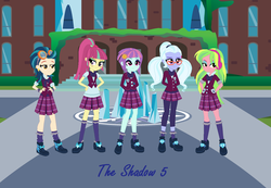 Size: 1409x977 | Tagged: safe, artist:obeliskgirljohanny, indigo zap, lemon zest, sour sweet, sugarcoat, sunny flare, equestria girls, g4, clothes, crystal prep academy, crystal prep academy uniform, school uniform, shadow five