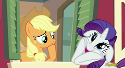 Size: 1220x670 | Tagged: safe, screencap, applejack, rarity, pony, applejack's "day" off, g4, discovery family logo, smiling, squee