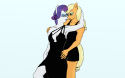 Size: 1574x986 | Tagged: safe, artist:eulicious, applejack, rarity, anthro, g4, armpits, bedroom eyes, breasts, busty rarity, clothes, dress, female, lesbian, lipstick, makeup, ship:rarijack, shipping, simple background