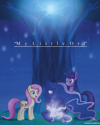 Size: 1722x2150 | Tagged: safe, artist:the-butch-x, fluttershy, princess luna, twilight sparkle, pony, unicorn, g4, commission, cute, eyes closed, light, night sky, open mouth, ori, ori and the blind forest, shyabetes, signature, sleeping, smiling, stars, tree, twiabetes, unicorn twilight