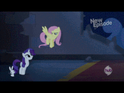 Size: 320x240 | Tagged: safe, angel bunny, fluttershy, rarity, pony, castle mane-ia, g4, animated, done with your shit, fluttershy is not amused, gif, glare, hub logo, tired of your shit, unamused