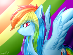 Size: 1024x768 | Tagged: safe, artist:angelapie, rainbow dash, pegasus, pony, g4, deviantart watermark, female, obtrusive watermark, rainbow background, solo, watermark