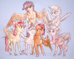 Size: 2697x2143 | Tagged: safe, artist:cuttledreams, apple bloom, babs seed, diamond tiara, scootaloo, silver spoon, sweetie belle, alicorn, pony, alicorn cmc, alicorn crusaders, alicorn cutie mark crusaders, alicornified, bloomicorn, cutie mark, cutie mark crusaders, everyone is an alicorn, female, filly, race swap, scootacorn, silvercorn, sweetiecorn, the cmc's cutie marks, this will end in tears and/or death and/or covered in tree sap, tiaracorn, xk-class end-of-the-world scenario