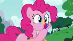 Size: 1280x722 | Tagged: safe, screencap, pinkie pie, earth pony, pony, 28 pranks later, g4, female, mare, puffy cheeks, rainbow muzzle, scrunchy face, solo