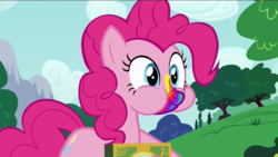 Size: 1280x722 | Tagged: safe, screencap, pinkie pie, earth pony, pony, 28 pranks later, g4, my little pony: friendship is magic, female, mare, puffy cheeks, rainbow muzzle, scrunchy face, solo