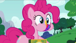 Size: 1280x722 | Tagged: safe, screencap, pinkie pie, earth pony, pony, 28 pranks later, g4, my little pony: friendship is magic, rainbow muzzle, scrunchy face