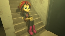 Size: 1920x1080 | Tagged: safe, artist:jarg1994, sunset shimmer, human, equestria girls, g4, 3d, door, female, shadow, sitting, solo, source filmmaker, stairs