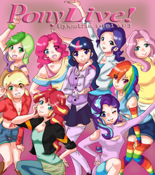 Size: 1650x1867 | Tagged: safe, artist:kenishra, applejack, fluttershy, pinkie pie, rainbow dash, rarity, spike, starlight glimmer, sunset shimmer, twilight sparkle, human, equestria girls, g4, anime, barb, belly button, boob window, boots, clothes, cute, equestria girls outfit, eye clipping through hair, group, humane five, humane seven, humane six, humanized, idol, looking at you, love live!, microskirt, midriff, miniskirt, one eye closed, pants, rule 63, shoes, skirt, smiling, socks, thigh highs, thigh socks, wink