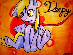 Size: 1000x750 | Tagged: safe, artist:animelvr12, derpy hooves, pegasus, pony, g4, behaving like a dog, collar, cute, derpabetes, female, leash, mare, pet play, pet tag, sitting, solo, tongue out, traditional art