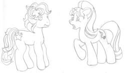 Size: 3384x1968 | Tagged: safe, artist:vytz, starlight (g1), starlight glimmer, earth pony, pony, unicorn, pony pov series, g4, duo, duo female, female, grayscale, horn, looking at each other, looking at someone, mare, monochrome, open mouth, raised hoof, tail, traditional art