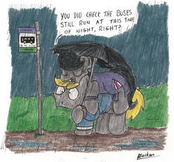 Size: 1656x1534 | Tagged: safe, artist:bobthedalek, oc, oc only, oc:mixed melody, oc:octavia's father, oc:octavia's mother, oc:ostinato melody, earth pony, pony, bus stop, carrying, clothes, dress, rain, suit, this will end in a long walk home, traditional art, umbrella, you dun goofed