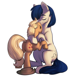Size: 1589x1600 | Tagged: safe, artist:locksto, applejack, oc, oc:constance everheart, g4, canon x oc, cute, everjack, female, hug, kissing, male, shipping, size difference, straight
