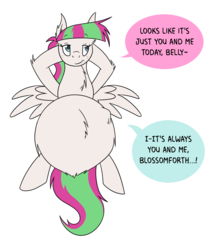 Size: 1250x1400 | Tagged: safe, artist:irateliterate, blossomforth, pegasus, pony, g4, belly, belly bumps, belly fluff, big belly, endosoma, female, fetish, implied thunderlane, male, oral vore, ship:blossomlane, shipping, speech bubble, straight, vore