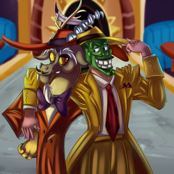 Size: 2000x2000 | Tagged: safe, artist:discorded, discord, draconequus, human, dungeons and discords, g4, clothes, crossover, duo, hat, high res, suit, the mask, this will end in chaos, xk-class end-of-the-world scenario