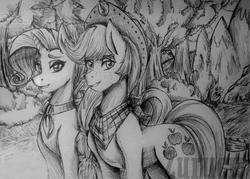 Size: 944x675 | Tagged: safe, artist:ciderpunk, artist:zuruck, derpibooru exclusive, applejack, rarity, g4, black and white, clothes, forest, grayscale, monochrome, scarf, traditional art