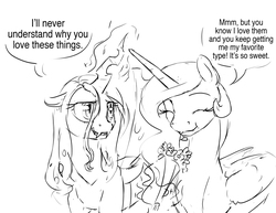 Size: 3300x2550 | Tagged: safe, artist:silfoe, princess celestia, queen chrysalis, pony, other royal book, g4, black and white, dialogue, eating, female, flower, food, grayscale, high res, horses doing horse things, lesbian, magic, mare, missing accessory, monochrome, ship:chryslestia, shipping, simple background, sketch, speech bubble, white background