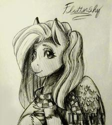 Size: 720x802 | Tagged: safe, artist:ciderpunk, artist:zuruck, derpibooru exclusive, fluttershy, g4, black and white, clothes, coffee, grayscale, monochrome, scarf