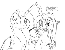 Size: 3300x2550 | Tagged: safe, artist:silfoe, princess celestia, queen chrysalis, alicorn, changeling, changeling larva, changeling queen, nymph, pony, other royal book, g4, black and white, cute, cutealis, cutelestia, cuteling, dialogue, fangs, female, frown, glare, grayscale, grub, high res, hissing, lesbian, levitation, magic, mare, monochrome, open mouth, raised hoof, ship:chryslestia, shipping, simple background, sketch, smiling, speech bubble, telekinesis, white background, wide eyes
