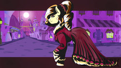 Size: 3840x2160 | Tagged: safe, artist:ciderpunk, artist:zuruck, derpibooru exclusive, oc, oc only, oc:caramelcappucinoroyale, canterlot, clothes, dress, high res, night