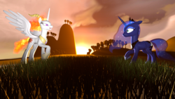 Size: 1920x1080 | Tagged: safe, artist:iownu142, nightmare star, princess celestia, princess luna, g4, 3d, role reversal, source filmmaker, sunset