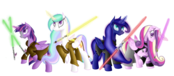 Size: 1600x700 | Tagged: safe, artist:rulsis, princess cadance, princess celestia, princess luna, twilight sparkle, alicorn, pony, g4, glowing horn, horn, jedi, lightsaber, magic, star wars, telekinesis, twilight sparkle (alicorn), weapon