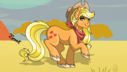 Size: 1920x1080 | Tagged: safe, artist:ciderpunk, artist:zuruck, derpibooru exclusive, applejack, g4, clothes, desert, scarf, western