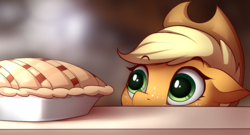 Size: 1500x807 | Tagged: safe, artist:evehly, applejack, earth pony, pony, g4, apple pie, cowboy hat, cute, dessert, eyes on the prize, female, filly, freckles, hat, jackabetes, mare, silly, silly pony, solo, soon, stetson, that pony sure does love apples