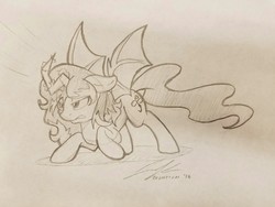 Size: 1280x960 | Tagged: safe, artist:fearingfun, oc, oc only, alicorn, bat pony, pony, monochrome, sketch, traditional art