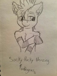 Size: 960x1280 | Tagged: safe, artist:punk-pegasus, oc, oc only, oc:menzing, pony, semi-anthro, clothes, food, monochrome, pocky, sketch, socks, solo, striped socks, topless, traditional art