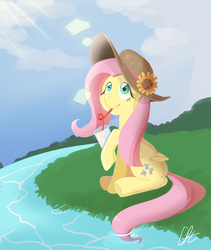 Size: 800x950 | Tagged: safe, artist:cofotory, fluttershy, pony, g4, crepuscular rays, cute, drinking, drinking straw, female, flower in hat, folded wings, hat, hoof hold, looking up, river, shyabetes, sitting, solo, weapons-grade cute