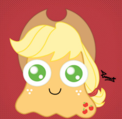 Size: 694x675 | Tagged: safe, artist:ciderpunk, artist:zuruck, derpibooru exclusive, applejack, alien, g4, big eyes, hat, red background, signature, simple background, species swap