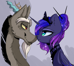 Size: 3200x2845 | Tagged: safe, artist:elementalokami, discord, princess luna, g4, alternate hairstyle, boop, eye contact, high res, male, noseboop, ship:lunacord, shipping, straight