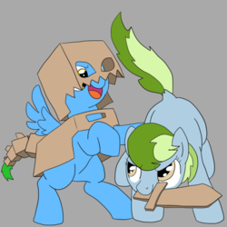 Size: 500x500 | Tagged: safe, artist:dudey64, oc, oc only, oc:box-filly, oc:nessy gouge, dragon, earth pony, pegasus, pony, cardboard box, clothes, costume, dock, female, filly, sword, weapon