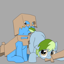 Size: 500x500 | Tagged: safe, artist:dudey64, oc, oc only, oc:box-filly, oc:nessy gouge, dragon, earth pony, pegasus, pony, cardboard box, clothes, costume, dock, female, filly, filly pred, filly prey, imminent vore, sword, weapon