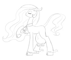 Size: 1078x900 | Tagged: dead source, safe, artist:carnifex, princess celestia, cow, bell, bell collar, breasts, busty princess celestia, cloven hooves, collar, cow horns, cowbell, cowified, eyes closed, female, grayscale, horns, majestic as fuck, monochrome, neck bow, princess cowlestia, raised hoof, sketch, smiling, solo, species swap, udder, unshorn fetlocks, vein, veiny breasts, wat
