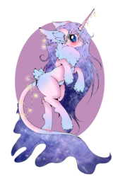 Size: 817x1280 | Tagged: safe, artist:niniibear, oc, oc only, pony, unicorn, adoptable, blue, blue eyes, closed species, cute, ear fluff, fluffy, glowing, light, long hair, long mane, pink, purple, simple background, solo, species, stars, sweet, transparent background