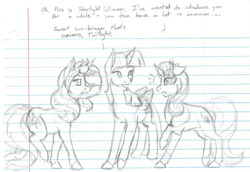 Size: 1000x689 | Tagged: safe, artist:kourabiedes, starlight glimmer, sunset shimmer, twilight sparkle, alicorn, pony, g4, introduction, lined paper, monochrome, pencil drawing, sketch, traditional art, twilight sparkle (alicorn)