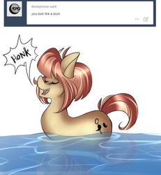 Size: 576x623 | Tagged: safe, artist:duckponies, oc, oc only, oc:ruby rue, earth pony, pony, ask, behaving like a bird, dialogue, eyes closed, female, honk, mare, open mouth, pegaduck, simple background, smiling, solo, swimming, tumblr, water, white background