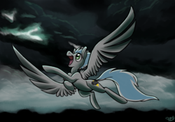 Size: 1280x898 | Tagged: dead source, safe, artist:riverofdreams, artist:roy, oc, oc only, oc:storm chaser, oc:stormchaser, pegasus, pony, flying, lightning, scenery, smiling, spread wings, storm, wings