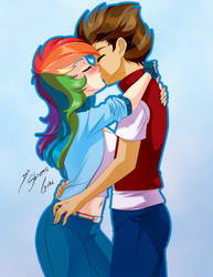 Size: 2153x2786 | Tagged: safe, artist:shinta-girl, rainbow dash, oc, human, g4, belly button, blushing, canon x oc, commission, high res, humanized, kissing, midriff, shipping