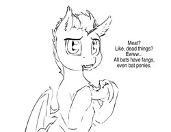 Size: 1280x989 | Tagged: safe, artist:silfoe, oc, oc only, oc:pterus, bat pony, pony, other royal book, royal sketchbook, adopted offspring, apple, black and white, dialogue, eating, fangs, food, grayscale, looking at you, monochrome, parent:princess luna, parent:twilight sparkle, parents:twiluna, simple background, sketch, speech bubble, white background