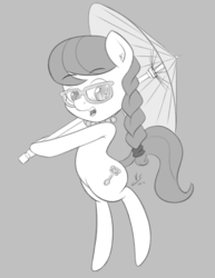 Size: 1700x2200 | Tagged: safe, artist:vsdrawfag, silver spoon, earth pony, pony, g4, bipedal, ear fluff, female, monochrome, open mouth, sketch, solo, umbrella