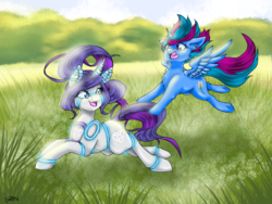 Size: 1024x768 | Tagged: safe, artist:midnightglow20, oc, oc only, alicorn, pony, robot, robot pony, alicorn oc, mother and daughter, playing, running