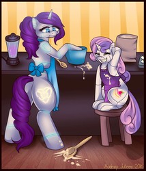 Size: 1500x1750 | Tagged: safe, artist:fur-what-loo, sweetie belle, oc, oc:raribot, pony, robot, robot pony, unicorn, g4, apron, baking, bipedal, bipedal leaning, butt, clothes, cutie mark, female, filly, foal, hooves, horn, leaning, mare, naked apron, plot, raribot, sisters, sitting, smiling, solo, sweetie bot, teeth