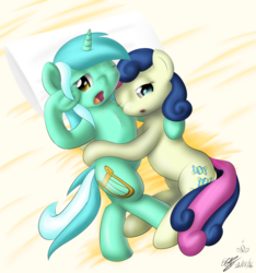 Size: 3563x3800 | Tagged: safe, artist:icy wings, bon bon, lyra heartstrings, sweetie drops, earth pony, pony, unicorn, g4, bed, female, high res, hug, lesbian, mare, ship:lyrabon, shipping, sleepy