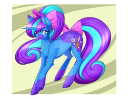 Size: 1024x791 | Tagged: safe, artist:noodlefreak88, oc, oc only, oc:sapphire star, pony, unicorn, hair bow, multicolored hair, solo, watermark, youtuber